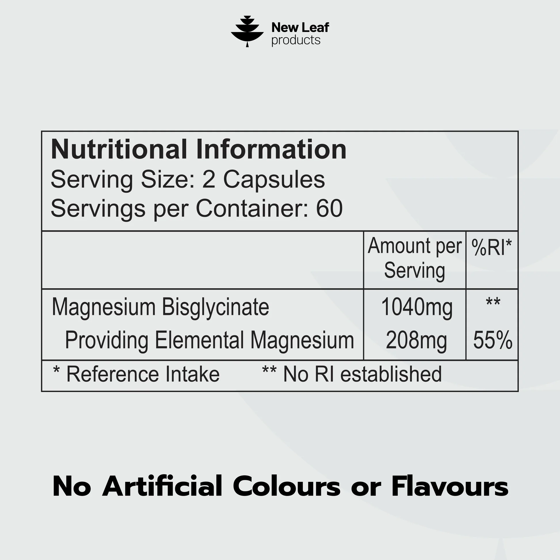 New Leaf Magnesium Glycinate Capsules (120) back label