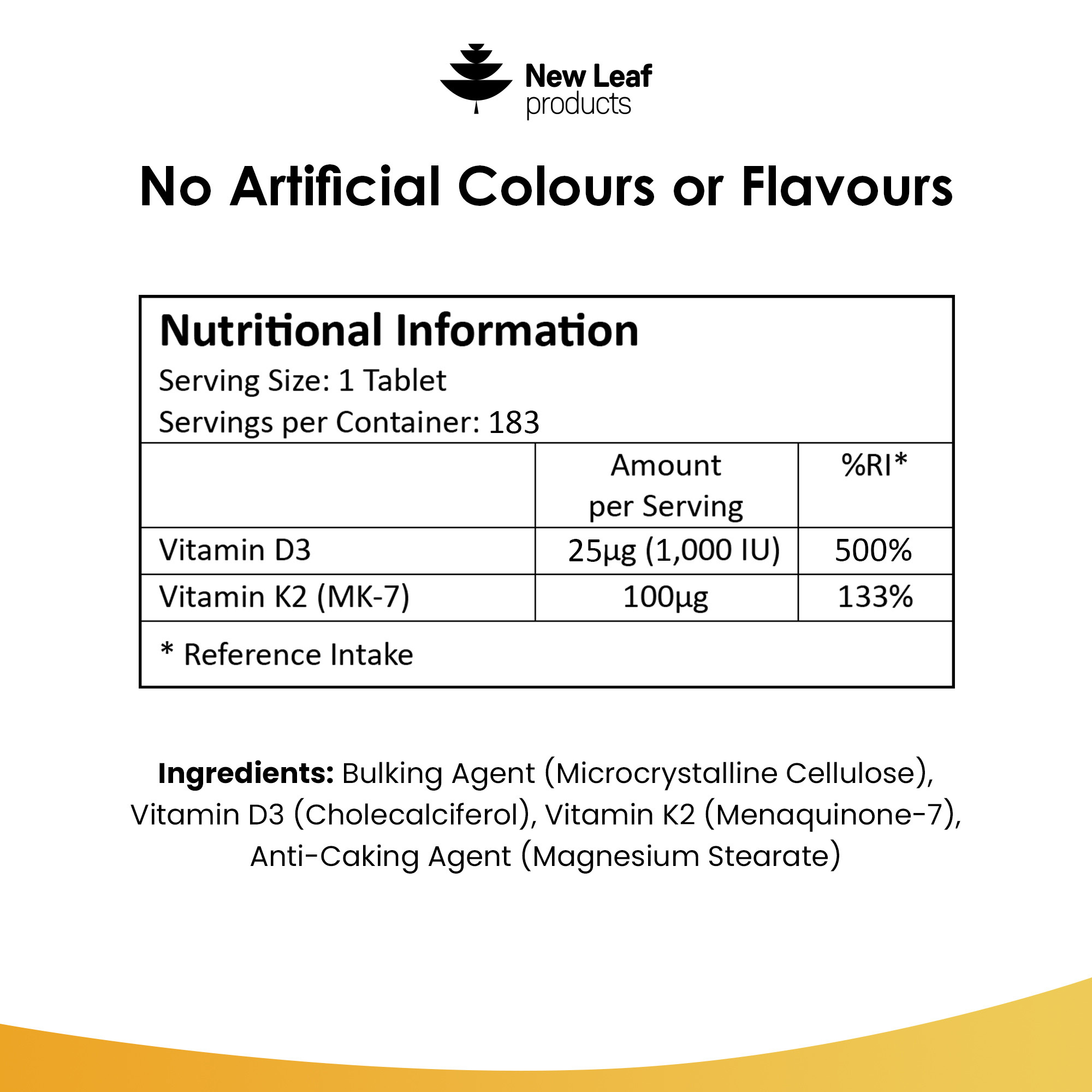 New Leaf Vitamin D3 & K2 Tablets 1000IU (183) back label