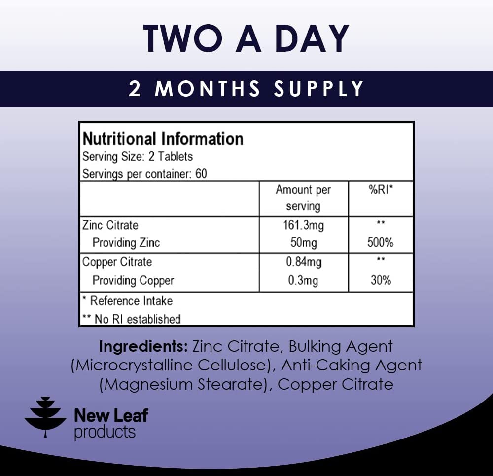 New Leaf Zinc Tablets High Strength (120) back label