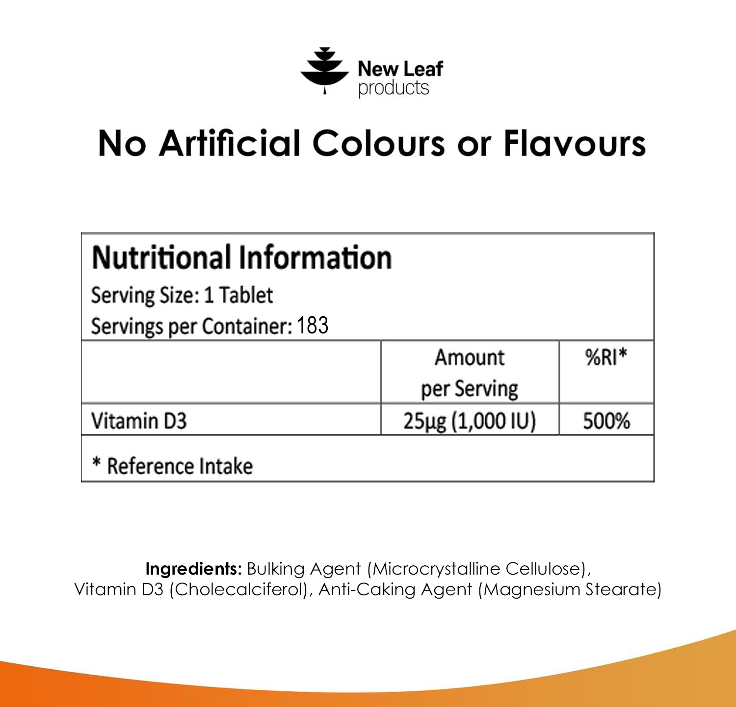 New Leaf Vitamin D3 Tablets (183) back label