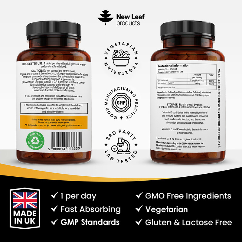 New Leaf Vitamin D3 & K2 Tablets 1000IU (180)